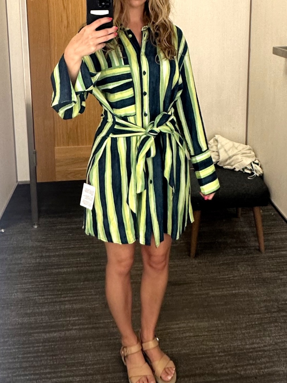 Topshop Lime & Navy Striped Tie-Waist Mini Shirt Dress